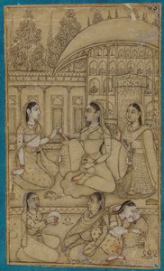 A Lady and Attendants Seated in a Courtyard