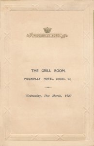 Menu for The Grill Room of the Piccadilly Hotel, London, 1920 by Unbekannt