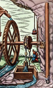 A mine being drained by a rag-and-chain pump powered by an overshot water wheel, 1556