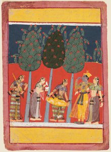 A Page from a Rasikapriya Series: Krishna and Radha and the Sakhis with Musical Instruments, c. 1650 by Unbekannt