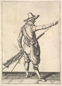 A soldier pulling out the ramrod from its holder, from the Musketeers series, plate 25 by Unbekannt