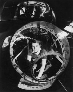 A woman working on a Lancaster bomber, Second World War