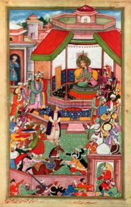 Abul-Fazl ibn Mubarak presenting the Akbarnama to Akbar