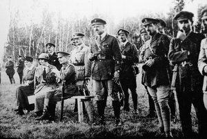 Admiral Alexander Kolchak sitting with British officers on the Eastern Front, Russia
