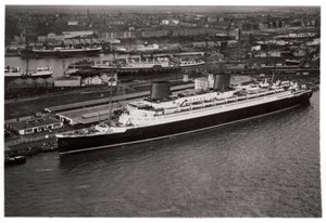 Aerial view of Bremen harbour, Germany, and the liner Europa, from a Zeppelin, c1931