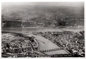 Aerial view of Koblenz, Rhine-Palantinate, Germany, from a Zeppelin