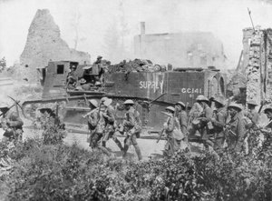 Allied troops marching through a liberated town by Unbekannt