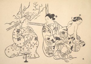 An Oiran Seated in a Parlor Applies the Fire Treatment to the Bared Back of Another Woman by Unbekannt