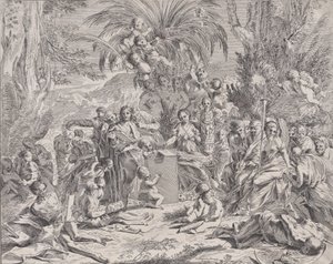 An allegory of painting, who as a child in the centre left draws on a tablet, surrounded by others, 1650-1700