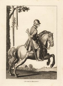 Ancient Dragoon on horseback with helmet, musket and gunpowder horn by Unbekannt