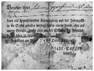 Anti-semitism: a pass issued to Jews at Frankfurt, 1790