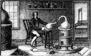 Antoine Laurent Lavoisier, 18th century French chemist, in his laboratory