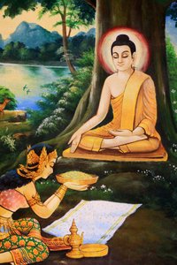Ascetic Buddha was offered a bowl of milk-rice meal on the morning of his Enlightenment by Nandabala by Unbekannt