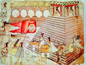 Aztec Warriors Defending the Temple of Tenochtitlan Against Conquistadors by Unbekannt