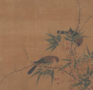 Bamboo Branch with Berries and Birds