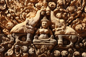 Banteay Srei Temple at Angkor in Cambodia. Lakshmi, Hindu goddess of wealth and wife of god Vishnu, is sprinkled with holy water by two elephants