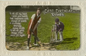 Birthday Card Featuring Two Boys Playing Cricket by Unbekannt