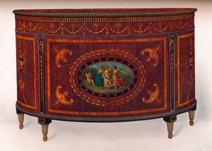 Bow-Fronted Commode with Metal Mouldings and Headings, Veneered and Inlaid with Coloured Woods by Unbekannt