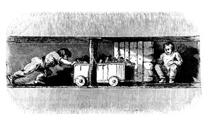 Boy pushing a truck loaded with coal from the coal face to the bottom of the pit shaft, c1848
