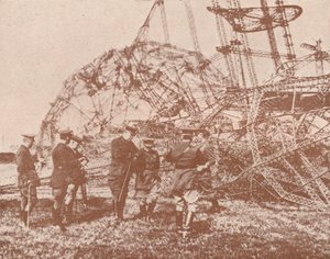 British staff officers examining the wreckage of a Zeppelin brought down in England