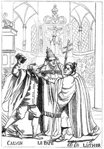 Calvin, Luther and the Pope Fighting Each Other by Unbekannt