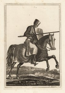 Charging knight of the 12th and 13th century in chainmail hawberk, flat helmet, lance, heater shield, shin armour jambesons, war saddle by Unbekannt