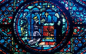 Charlemagne gives relics to the Chapel at Aix, stained glass, Chartres Cathedral, France, c1225 by Unbekannt