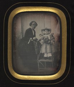 Child Standing on a Chair Holding Flowers, with Mother, c1855 by Unbekannt