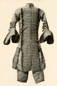 Coat and breeches of silk trimmed with fancy braid, c1680, 1937