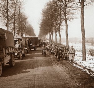 Column of trucks and troops, Somme-Tourbe, northern France