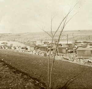 Column of trucks on the Voie Sacrée, Verdun, northern France, c1914-c1918