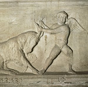 Detail from a Greek sarcophagus from Lydia, depicting a putto wrestling with a goat by Unbekannt