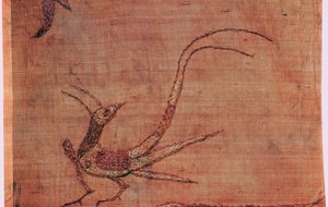 Detail (Chinese embroidered silk tussore with a phoenix from a Scythian tomb)