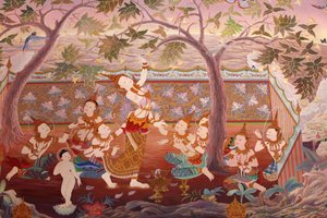 Detail of a mural painting in the Uposatha (shrine hall) of Buddhapadipa temple, Wimbledon, Great Britain