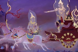 Detail of a mural painting in the Uposatha (shrine hall) of Buddhapadipa temple, Wimbledon, Great Britain