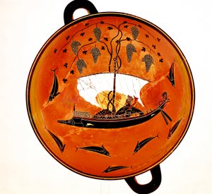 Dionysius in a sailing boat surrounded by dolphins, Ancient Greek dish Krater, 530 BC
