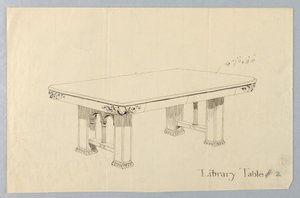 Drawing, Design for Rectangular Library Table #2 with Putti Faces Carved on Each of Rounded Corners by Unbekannt