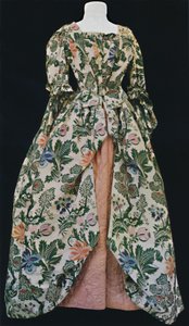Dress of Spitalfields Silk, with Pink Satin Quilted Petticoat
