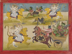 Durga fighting the rakshashas Shunga and Nishunga, from a Devi Mahatmya by Unbekannt