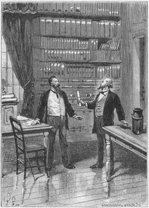 Elisha Gray, American inventor, presenting the caveat for his telephone
