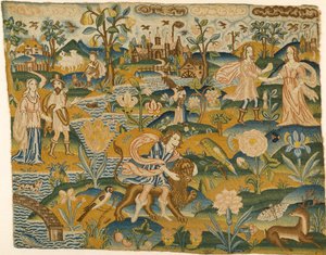 Embroidered Picture: Man with a Lion in a Landscape with Two Couples, 2nd Half of the 17th Century
