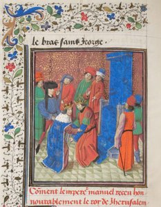 Emperor Manuel I Komnenos meets with king Amalric I of Jerusalem. Miniature from the Historia by William of Tyre, 1460s
