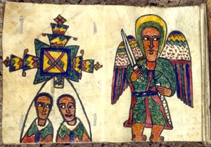 Ethiopian Prayer Book Showing an Angel with a Sword and Two Men, Possibly Priests, 19th Century