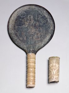 Etruscan Ivory Handled Mirror with Engraved Decoration depicting Odysseus Threatening Circe; Ivory Gorgoneion Handle, 4th century BC by Unbekannt