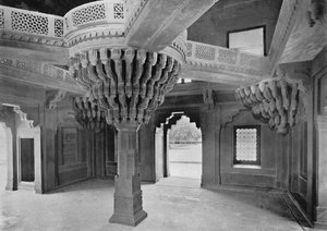 Fatehpur Sikri. Pillar in the Dewan-i-Khas, c1910
