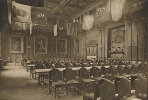 Flag-Hung Great Hall in Which the Powerful Company of Grocers Holds Its Banquets