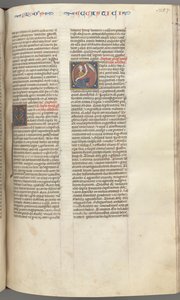 Fol. 257r, Ecclesiasticus, historiated initial O, Sirach seated with a scroll, bust of God above