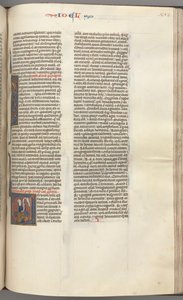 Fol. 353r, Joel, historiated initial V, Joel seated with a scroll, bust of God above by Unbekannt