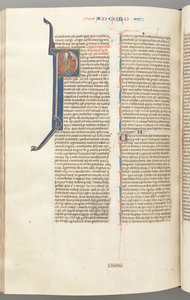 Fol. 453v, Colossians, historiated initial P, Paul standing talking to the bust of God above by Unbekannt