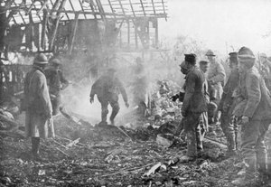 French troops using flamethrowers to flush out Germans from their shelters, Cantigny, France